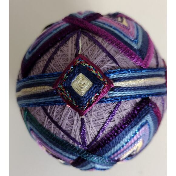 Japanese Temari Ball, Handmade Purple & Teal, Decorative Ball with Ribbon Hanger - Picture 2 of 3